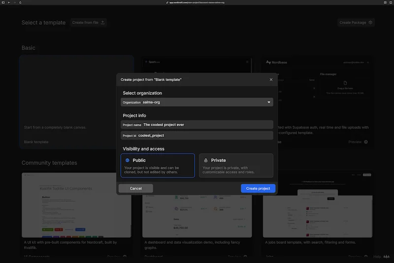 The create app dialog. Choose an organization, enter a name and project ID, and choose visibility.