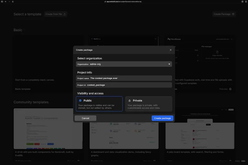 The create package dialog. Choose an organization, enter a name and project ID, and choose visibility.