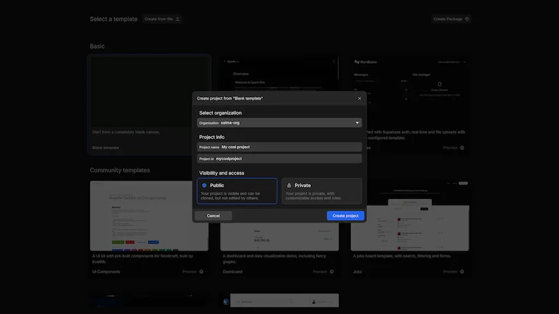 The create website dialog. Choose an organization, enter a name and project ID, and choose visibility.