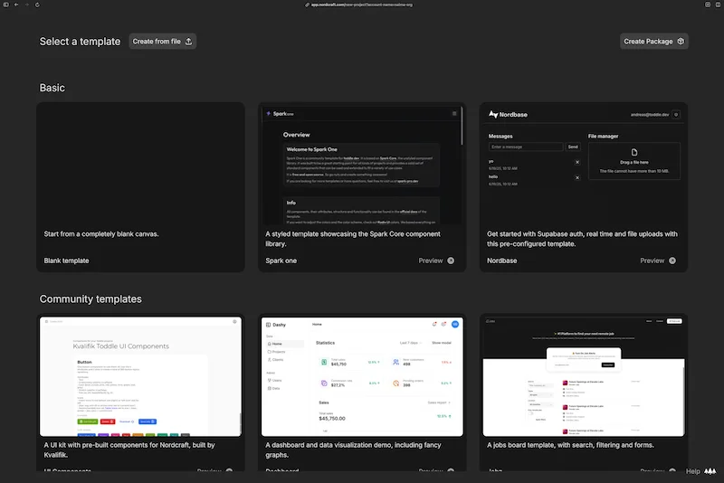 The create project screen showing a grid of templates to choose from.