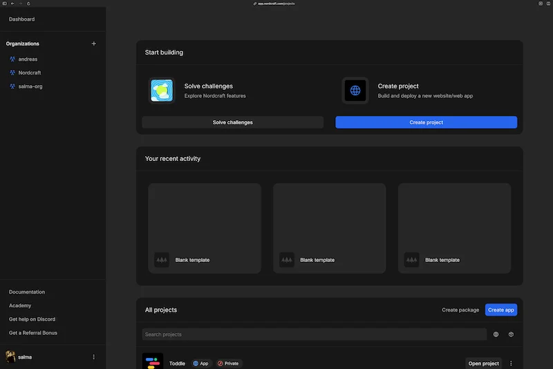 The dashboard screen in Nordcraft showing at the top section there is a big blue cutton which says create project.