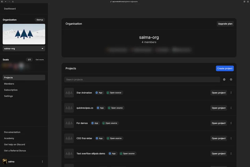 The organization screen in Nordcraft showing at the top right of the projects list there is a button to create a new project.