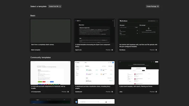 The create project screen showing a grid of templates to choose from.