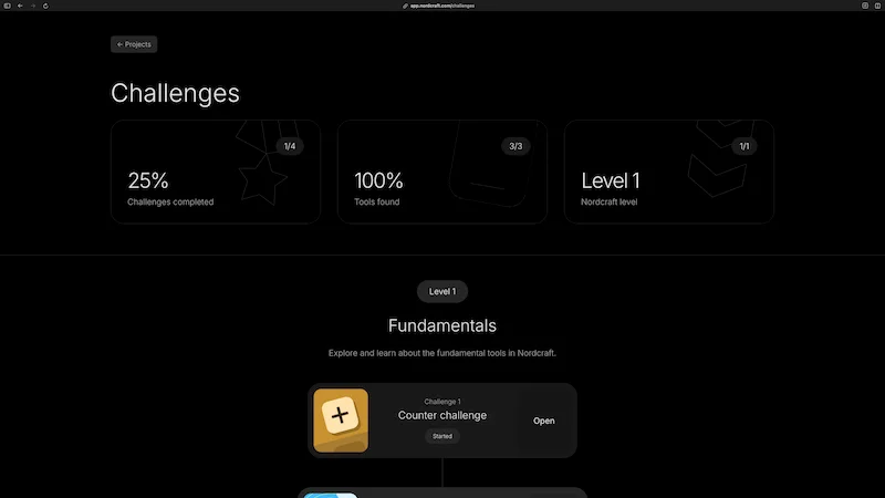 The challenges area in Nordcraft, showing 0% completed, 100% tools found, Level 1. Below there is a list of challenges, the first visible one is a challenge to add weather data.