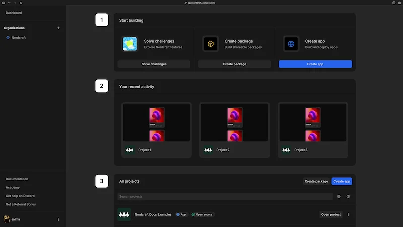 The Nordcraft Dashboard, showing three areas. Start building, your recent activity, and all projects. The areas are numbered which correspond to bullet points described below.