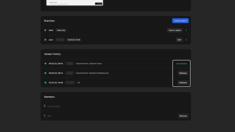 The version history section of the project details page is annotated, showing the currently live branch labelled as live version, and buttons to rollback to previously published updates.