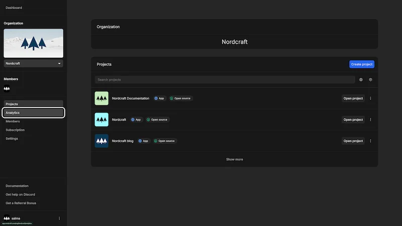 The organization view in Nordcraft, showing the analytics item highlighted in the menu in the left sidebar.