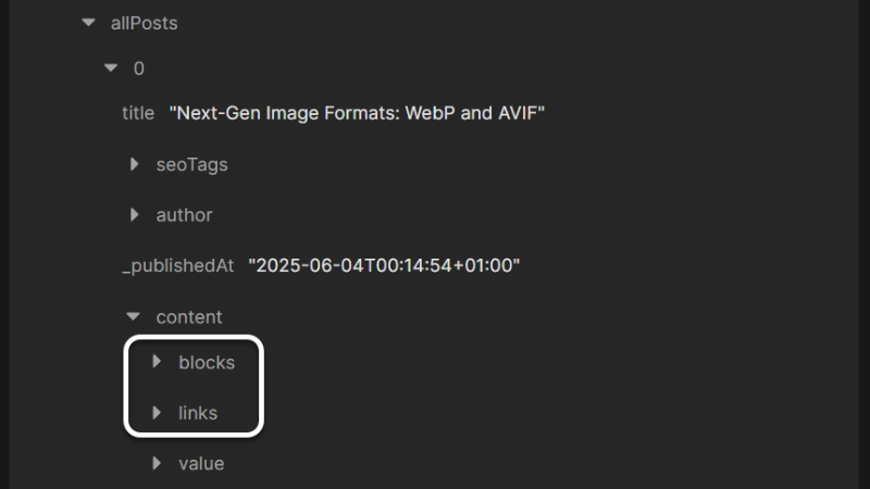 A close-up of the API response panel in Nordcraft showing that the nodes blocks and links are children of the content node in the response.
