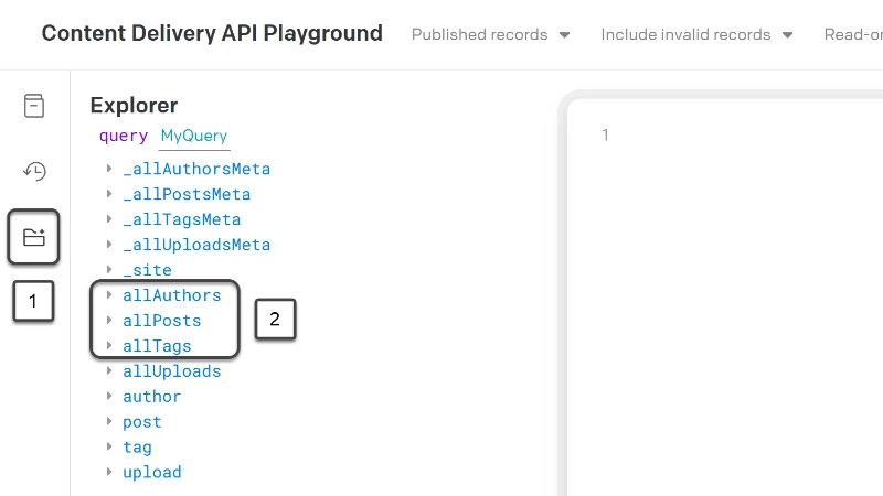 The DatoCMS graphql API playground, showing the explorer has generated queryable objects such as allAuthors, allPosts and allTags.