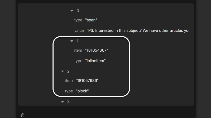 A close-up of the API response panel in Nordcraft showing that the type property of block vs inline items are defined differently as either block or inlineItem respectively.