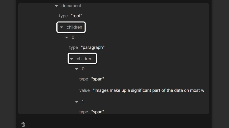 A close-up of the API response panel in Nordcraft, showing the API response as a nested JSON object containing children nodes of children nodes.