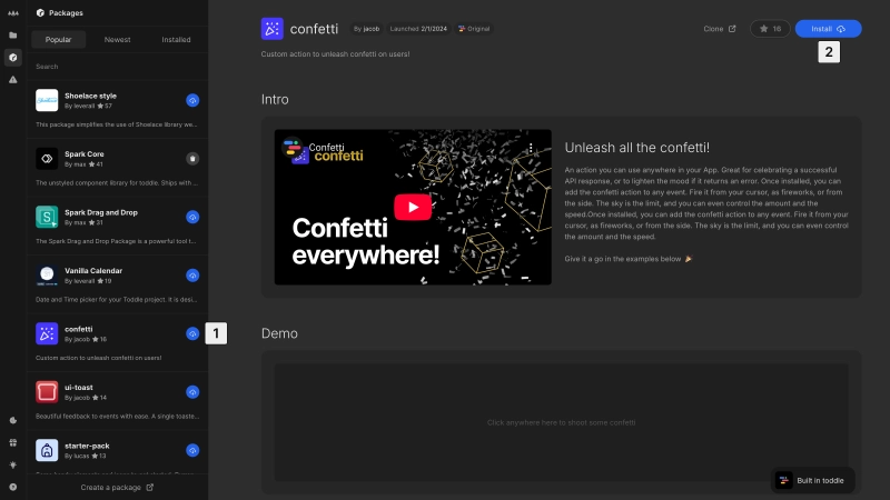 The packages list is open to the left of the editor, showing information about the confetti back to the right. Visible is the package name, author, launch date and description, including a demo video and an interactive on-page demo. At the top right there are options to clone, star and install the package. The image is annotated according to the list items below.