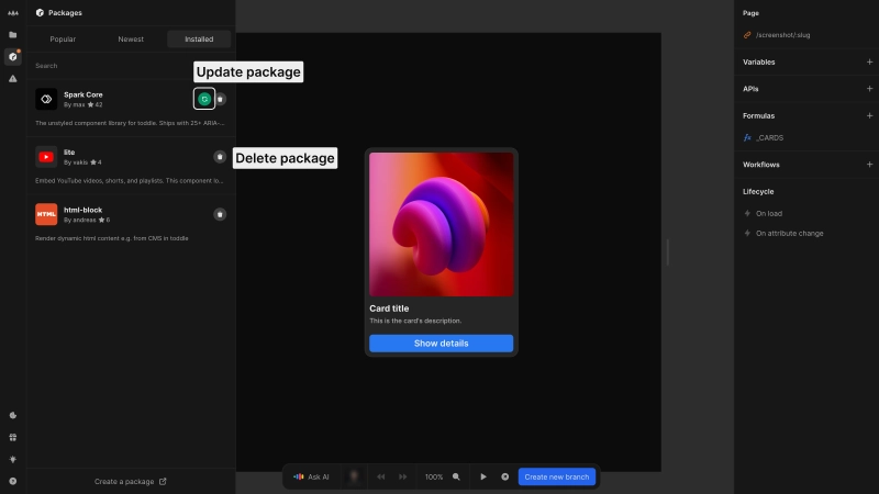 The package sidebar is visible at the left of the editor, and the installed tab is selected at the top of the packages list. This shows three packages currently installed for this project. Each package in the list shows the name, author, number of stars, a description and an icon. There is also the option to update or delete the package.