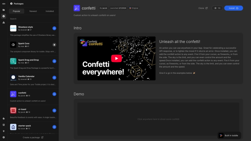 The packages list is open to the left of the editor, showing information about the confetti back to the right. Visible is the package name, author, launch date and description, including a demo video and an interactive on-page demo. At the top right there are options to clone, star and install the package.