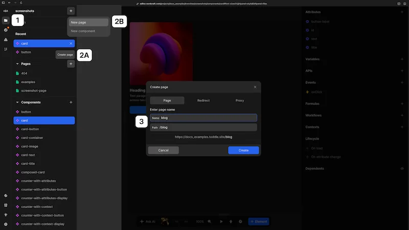 The create page dialog is open, giving you the option to name your new page. The project sidebar is visible on the right, showing the context menu that appears when clicking the plus button at the top of the project sidebar.