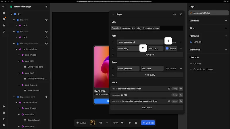 An annotated image of the page settings dialog, corresponding to the list items below. A checkbox is highlighted for list item 1, which enables dynamic path values, and the test value is highlighted for list item 2, which allows you to specify a value for the dynamic path parameter for testing purposes.