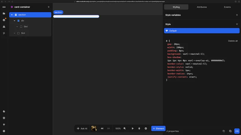 The CSS editor is visible in the right panel, showing pure CSS rules defined for a section element. This is pure CSS, just as you would write in code or you would view in the browser dev tools.
