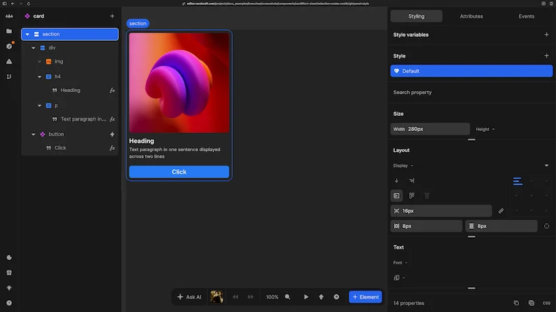The Styling panel is selected and visible to the right of the canvas , showing some basic styling applied including a flex gap, padding and width.