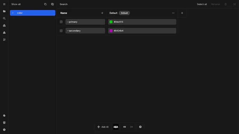 The Nordcraft theme editor showing that a color group has been created, which contains two variables named primary and secondary.