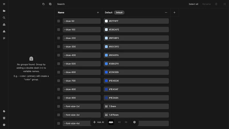 The Nordcraft theme editor showing the CTA to create grouped variables which reads No groups found. Group by adding a double dash (--) to variable names. E.g. --color--primary will create a "color" group.