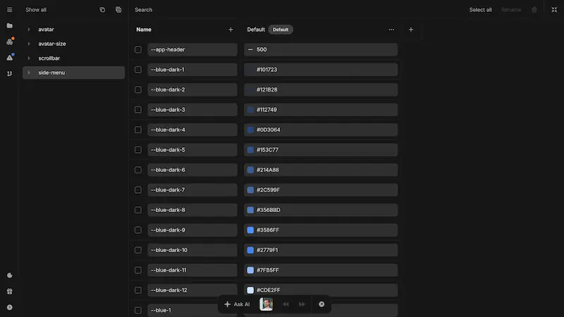 The Nordcraft theme editor. On the left is the CSS variable grouping. On the central canvas, a table of theme variables are displayed with their type inputs.