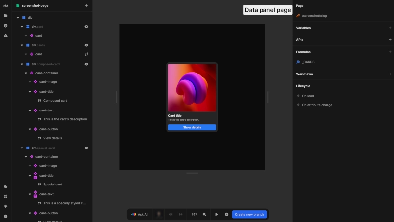 The data panel is visible on the right with sections for page configuration, variables, APIs, Formulas, Workflows and Lifecycle.