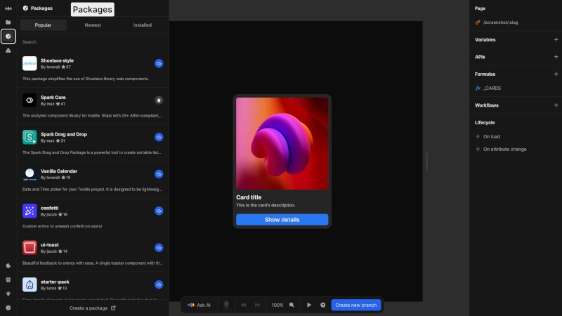 The packages sidebar is visible, showing a list of available packages below a search input field. Each package in the list shows an image, title, author, description, number of likes and an install button.