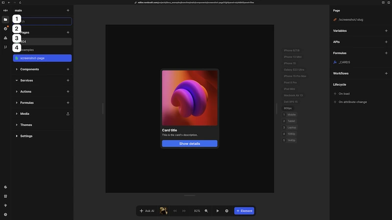 The project sidebar is visible, showing three existing pages, and collapsed sections for components, services, actions, formulas, media, themes and settings. The image is annotated corresponding to the list items below.