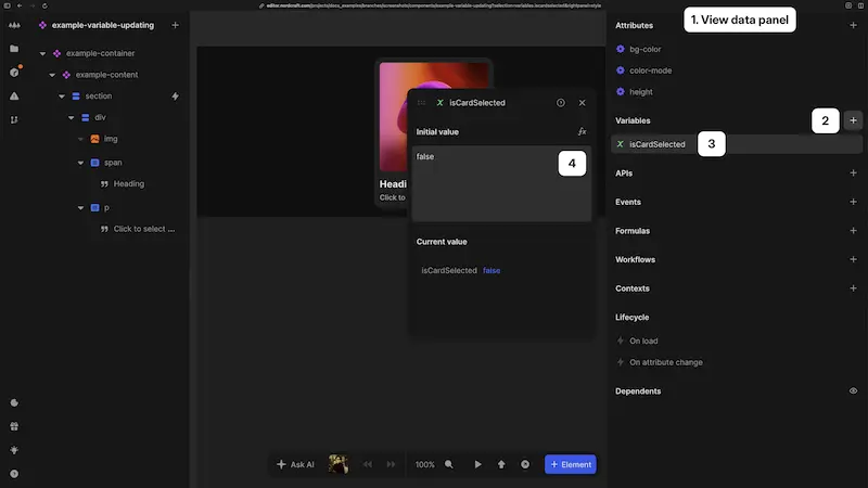 A component is being edited. The data panel is visible on the right. A variable named isCardSelected is selected, which has opened the edit variable dialog, where you can edit the initial value of the variable. You can also view the current value of the variable in the app at the bottom of the dialog.
