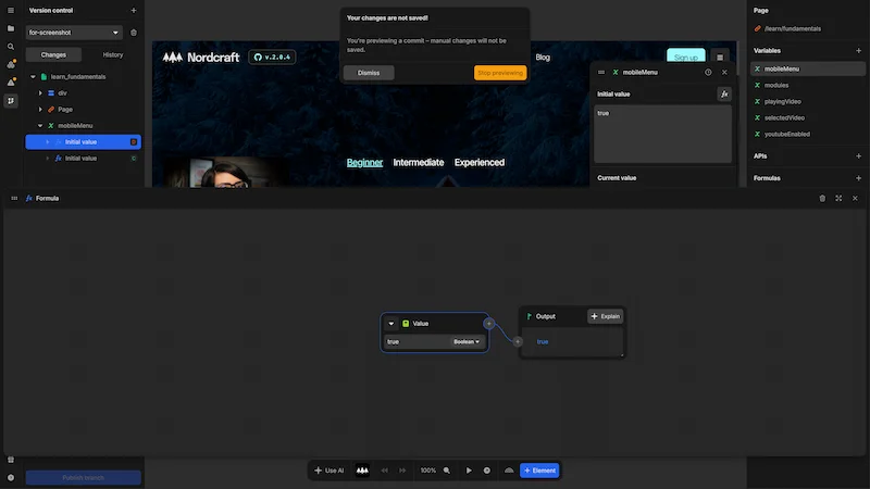 A deleted change in the version control panel is selected. The change is shown in an initial variable value, and the formula editor is open showing the old change. There is a banner at the top of the editor stating that you are previewing a commit, with options to dismiss the dialog or to stop previewing.