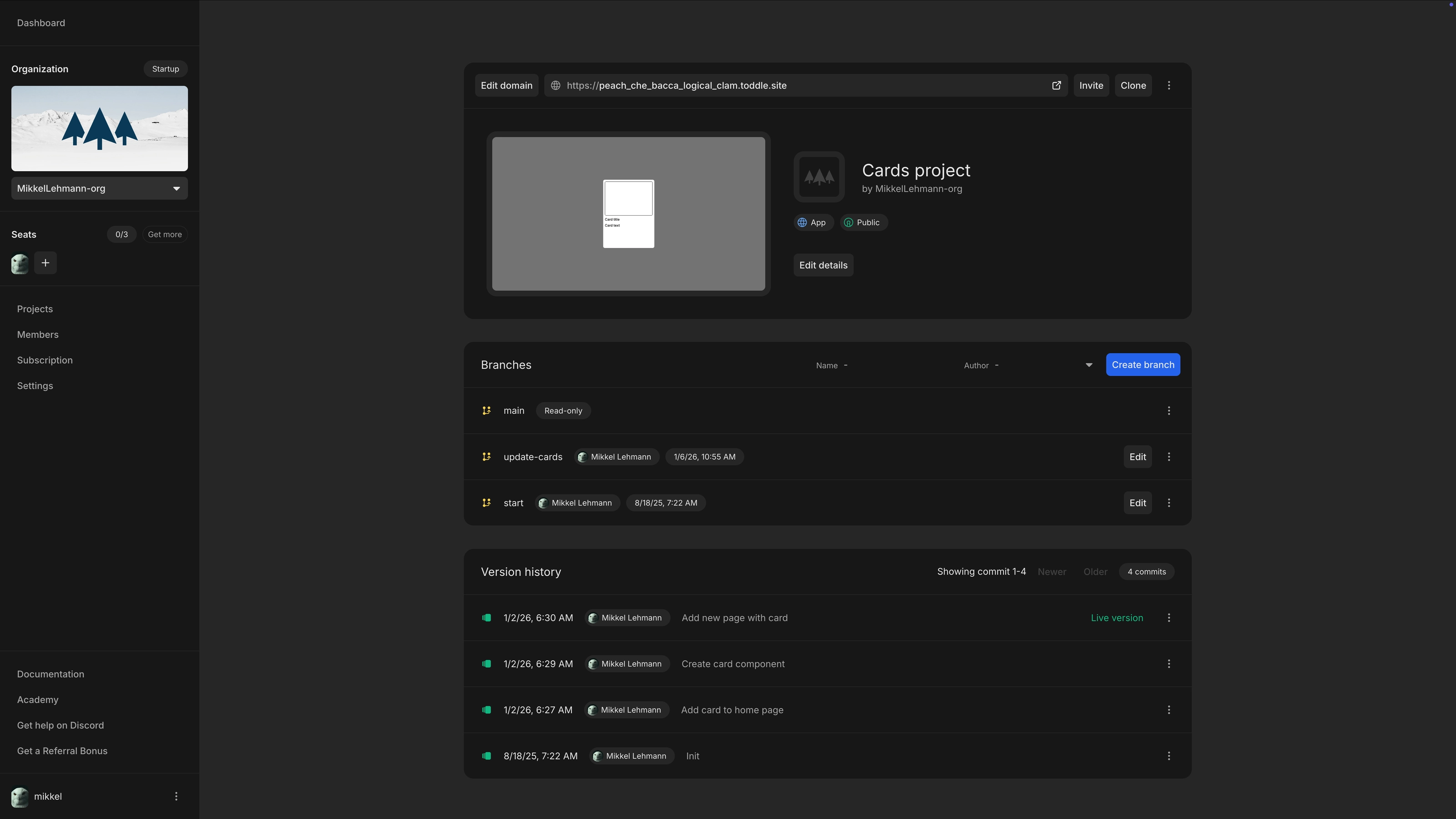 The project page has information about branches and version history.