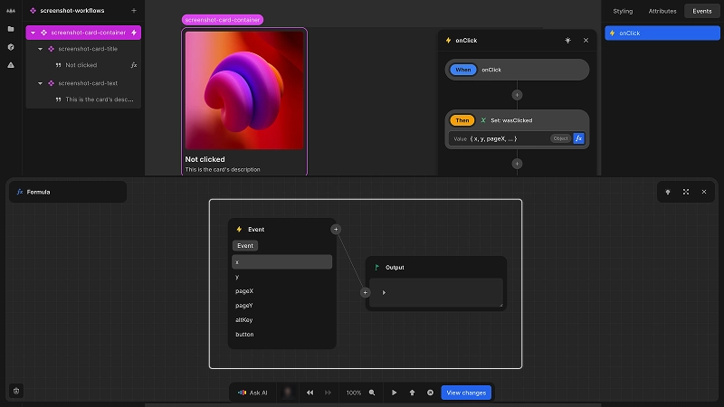 The formula editor has been opened from the set action in an onClick event. In the formula editor, event data from the click event is available to be selected, such as x and y coordinates, and whether the alt key was held down. The event list is scrollable, so there are many more data points available for this event.