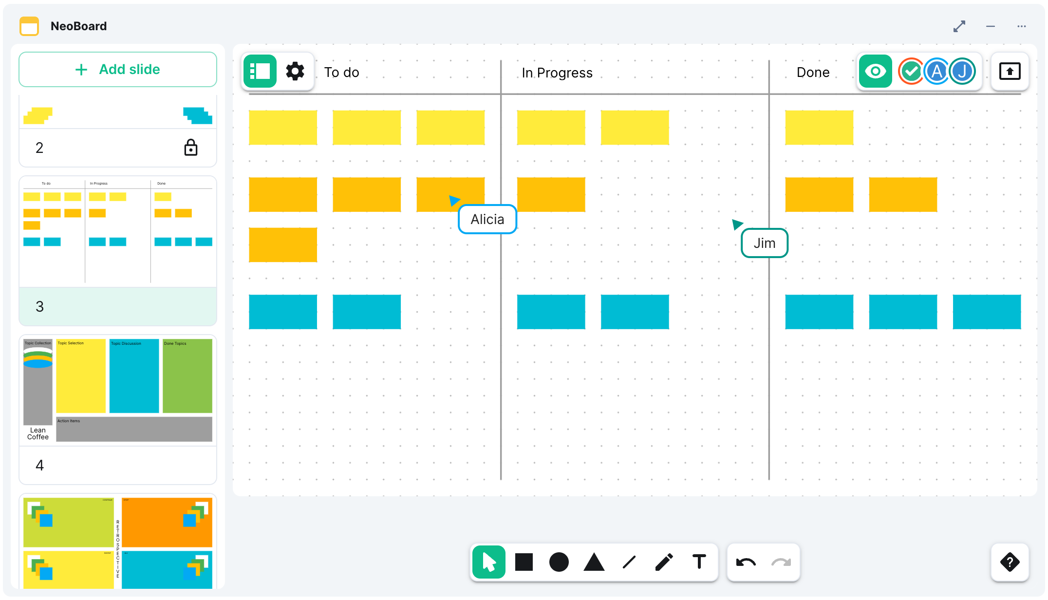 A screenshot of the NeoBoard showing the drawing board, a list of different slides, and the cursors of the collaborators Alicia and Jim.