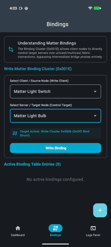 nRF Matter: Bindings screen