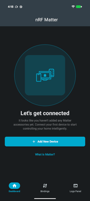 nRF Matter home screen on Android (empty)