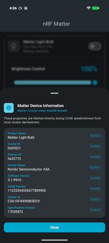 nRF Matter device card information