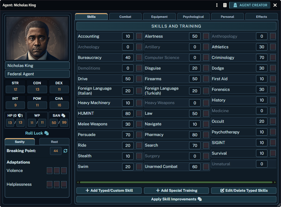 Completed Agent Character Sheet