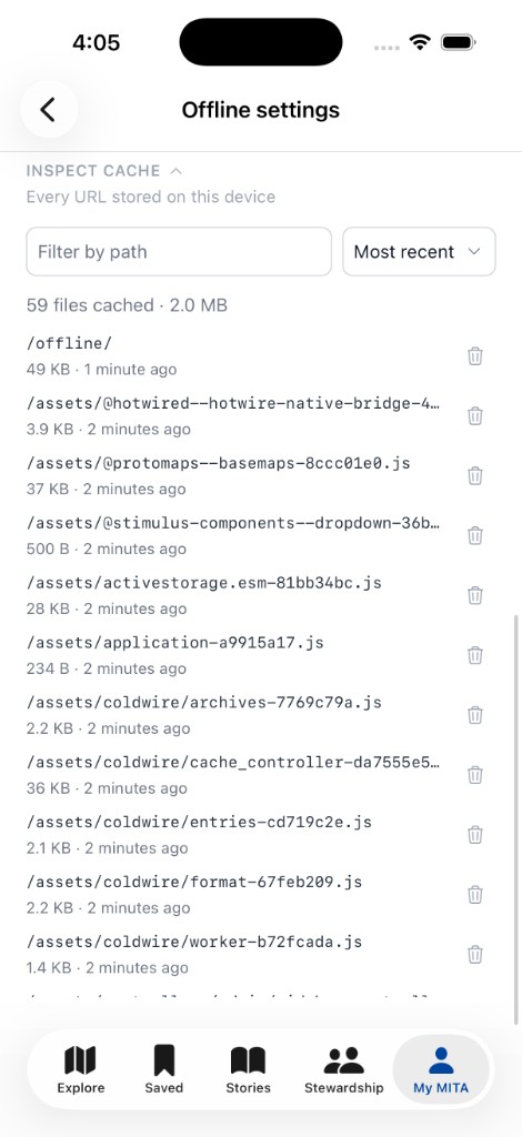 Offline settings: every cached entry, with search, sort, and delete