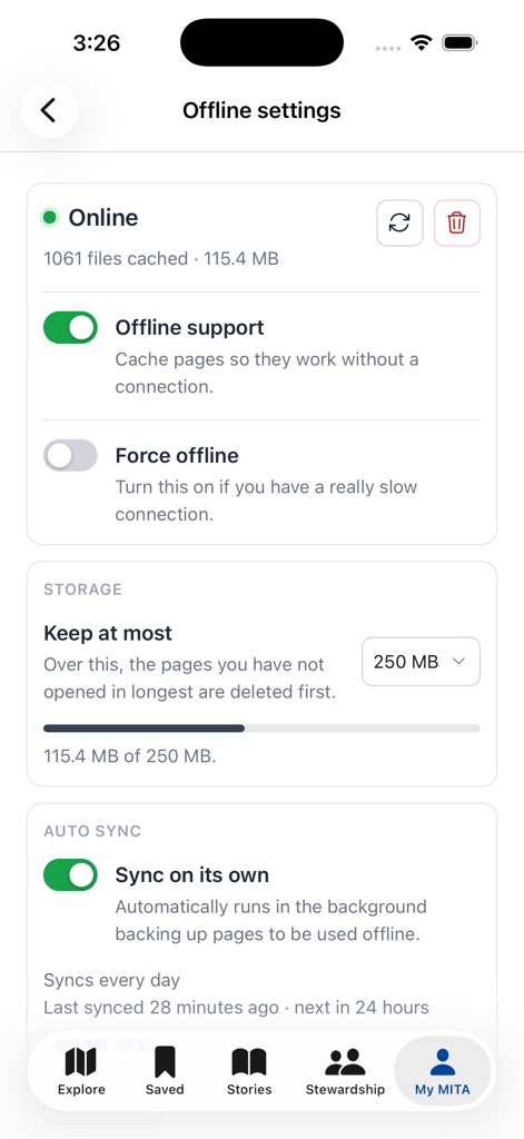 Offline settings: status, force offline, the storage limit, auto sync, and downloads