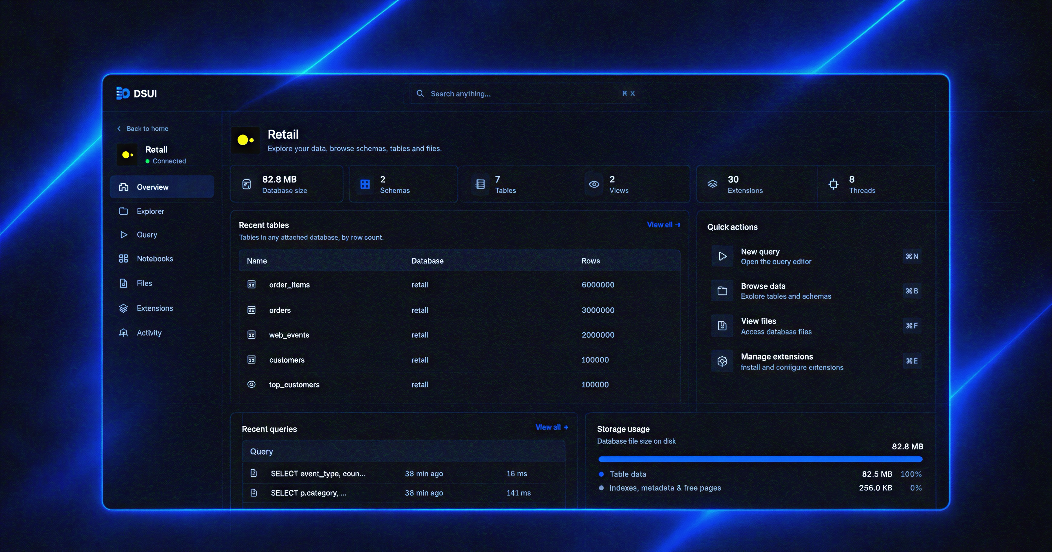 DSUI workspace overview showing connected data and infrastructure services