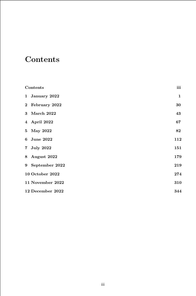 an example table of contents for a book containing a whole year of text messages. Each month is listed with its page.