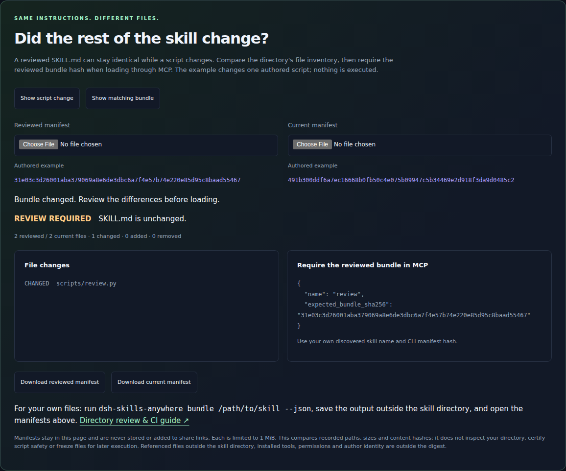 Unchanged SKILL.md with a changed script: compare skill directory manifests locally.