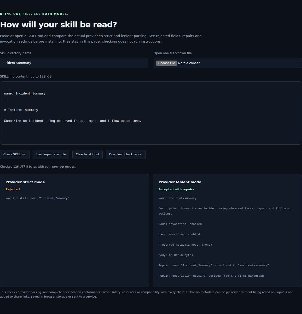 Actual local SKILL.md check: strict mode rejects an invalid name, while lenient mode explains the name and description repairs.