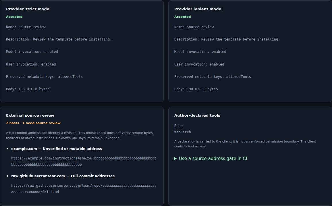 Local skill review showing parsing, full-commit and unverified source addresses, and author-declared tools.