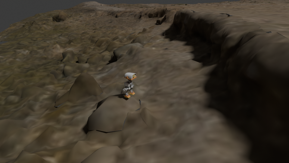 Microduck in a captured coastal scene, rendered with its recorded camera