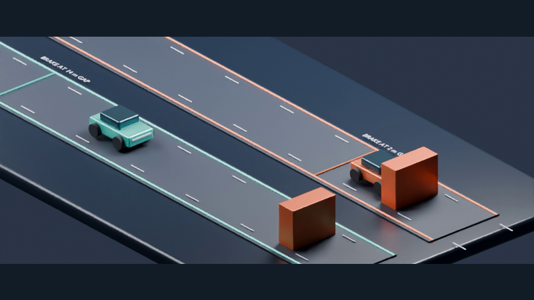 A Blender camera shows two recorded braking trials at the contact sequence.