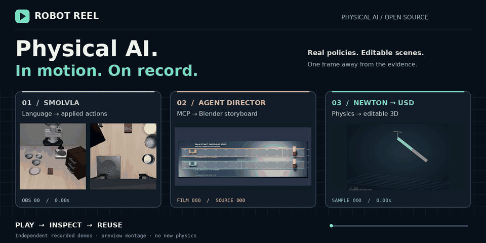 Robot Reel — Physical AI. In motion. On record. Three real demos: SmolVLA robot actions, an MCP Blender director, and Newton physics exported to OpenUSD.