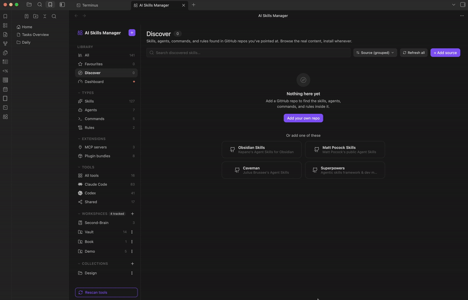 Adding a GitHub repo as a source and installing a skill from it