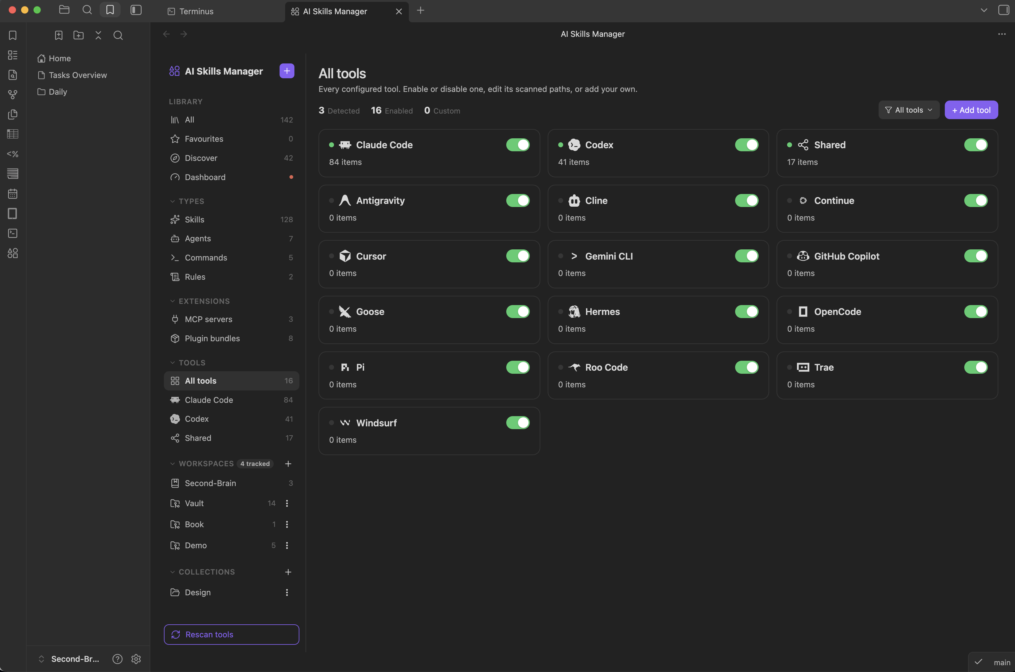 All tools page showing configured tools, item counts, and enable or disable controls