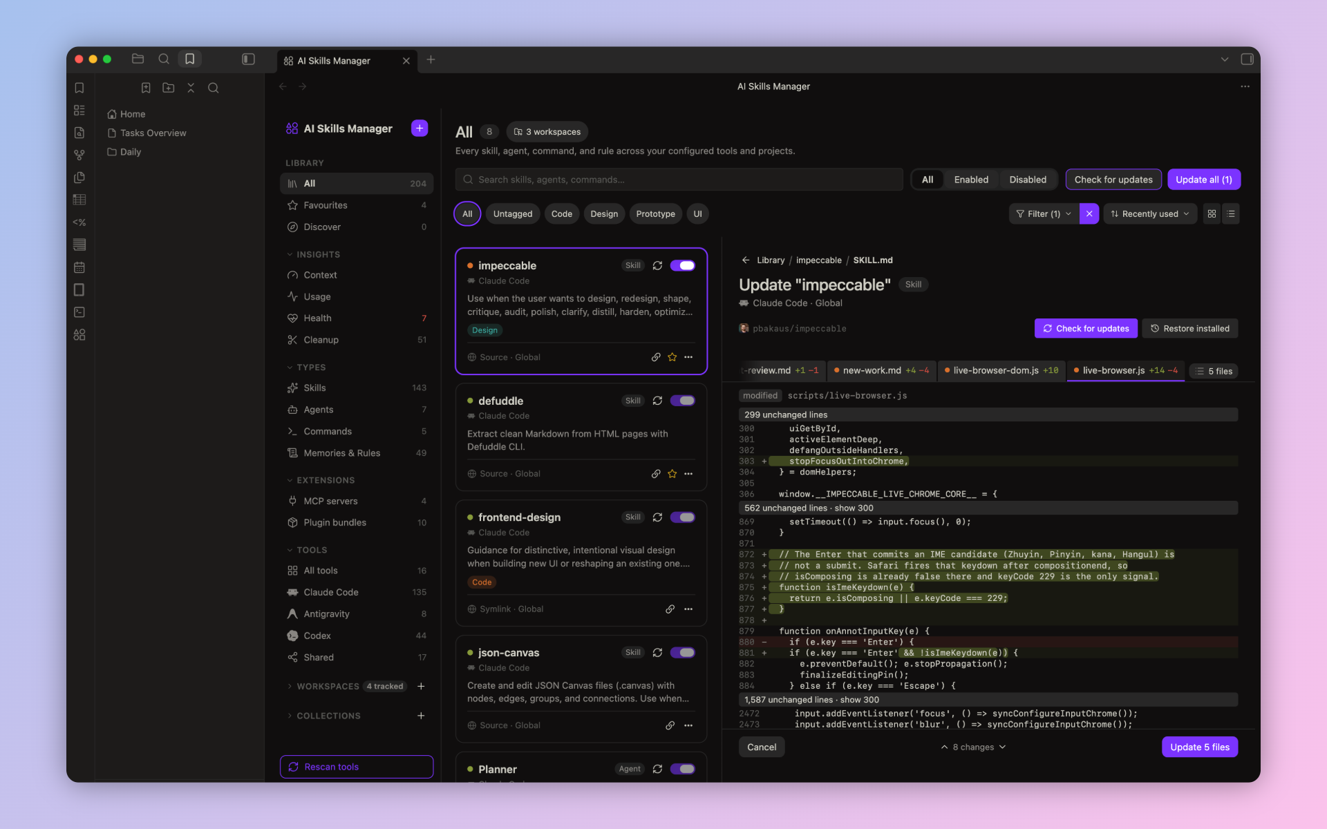 Reviewing an update with a tab per changed file, folded unchanged lines, and a change stepper next to the Update button